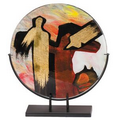 Round Stylized Art Glass on Black Iron Base